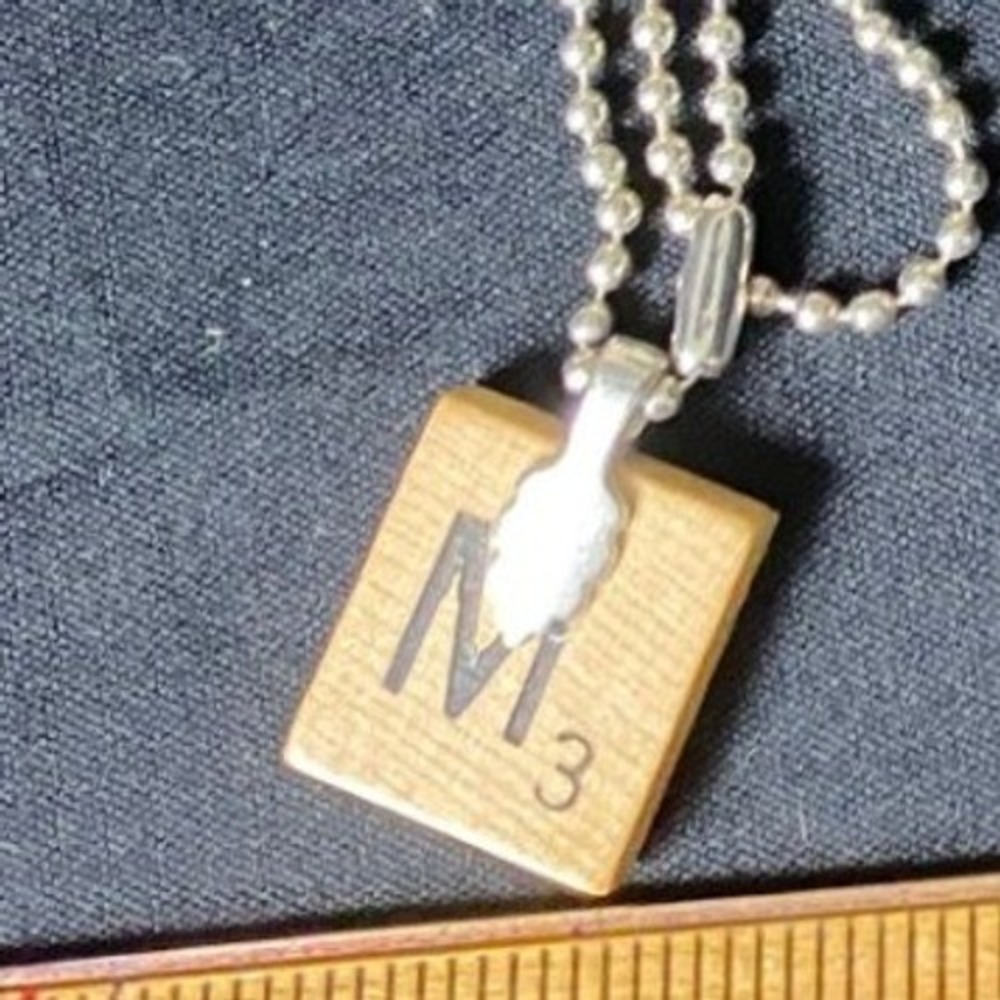Scrabble Tile Necklace M Letter Pendant Silver‎ Tone Chain